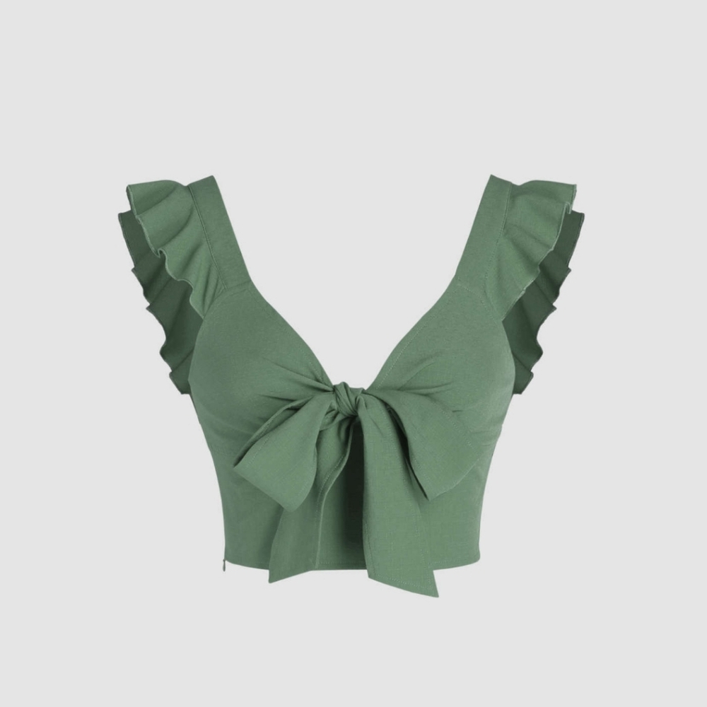 Solid V-neck Ruffle Knotted Crop Top Sage Green MEDIUM Like New!